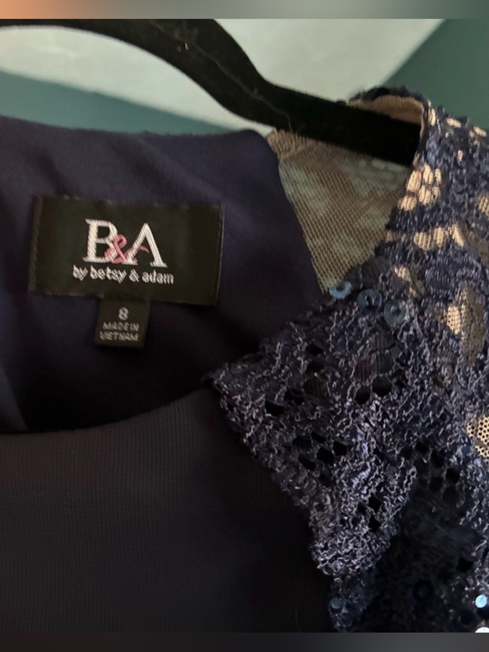 Betsy & Adam Navy Lace-Shoulder Evening Gown - Picture 10 of 10